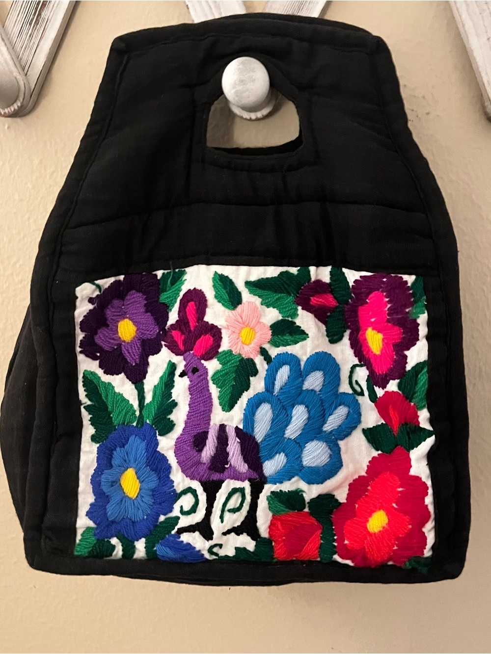 Vintage Hand-Embroidered Black Clutch with Colorful Floral & Peacock Motif